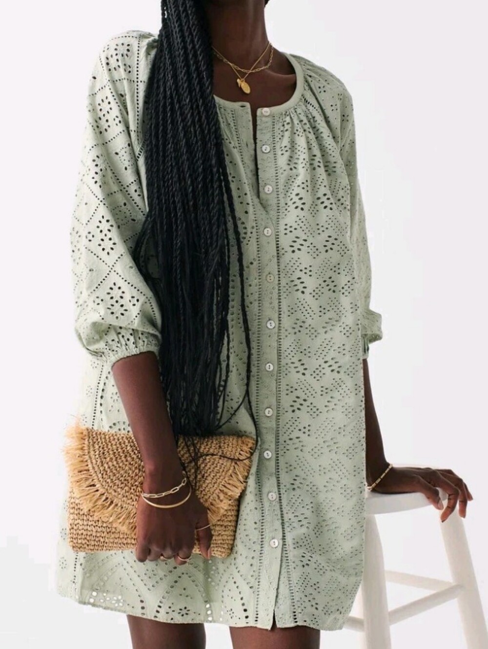 Faherty Valencia Eyelet Button Down Dress Desert Sage Green Sz S